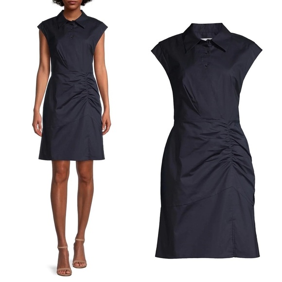 MILLY • Maxwell Ruched Poplin Shirtdress navy cap sleeve sheath dress fitted